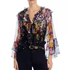 492-Aqua Multicolor Floral Ruffle Blouse‎